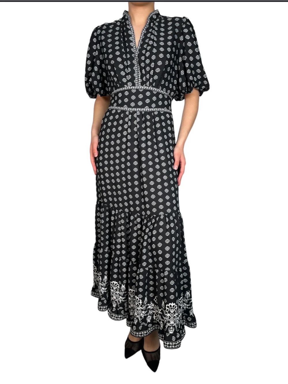 Max Studio Black Maxi Dress with White Print and Puff Sleeves
